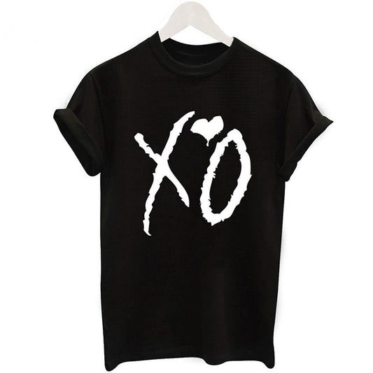 XO Letter Print Fashion Black T-shirt Women's Round Neck Top