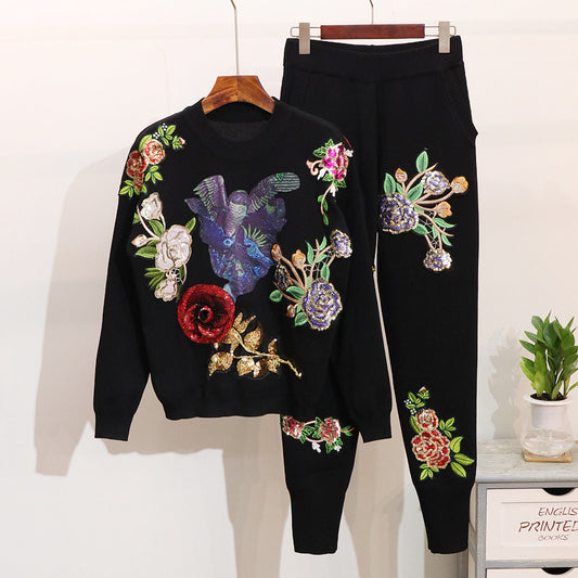 Women's European Station Sequined Flower Long-sleeved Sweater Sweater Skinny Pants Fashion Suit
